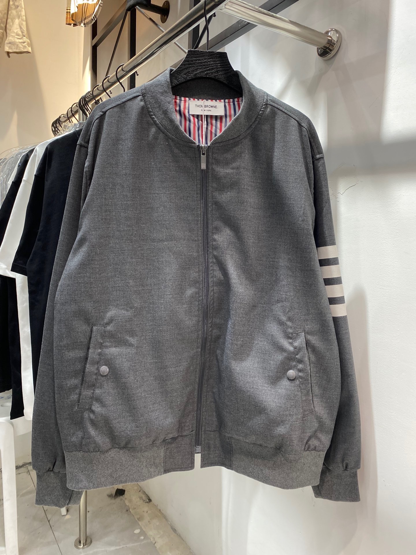 Thom Browne Gray Cotton Blend Four-Bar Stripe Bomber Jacket