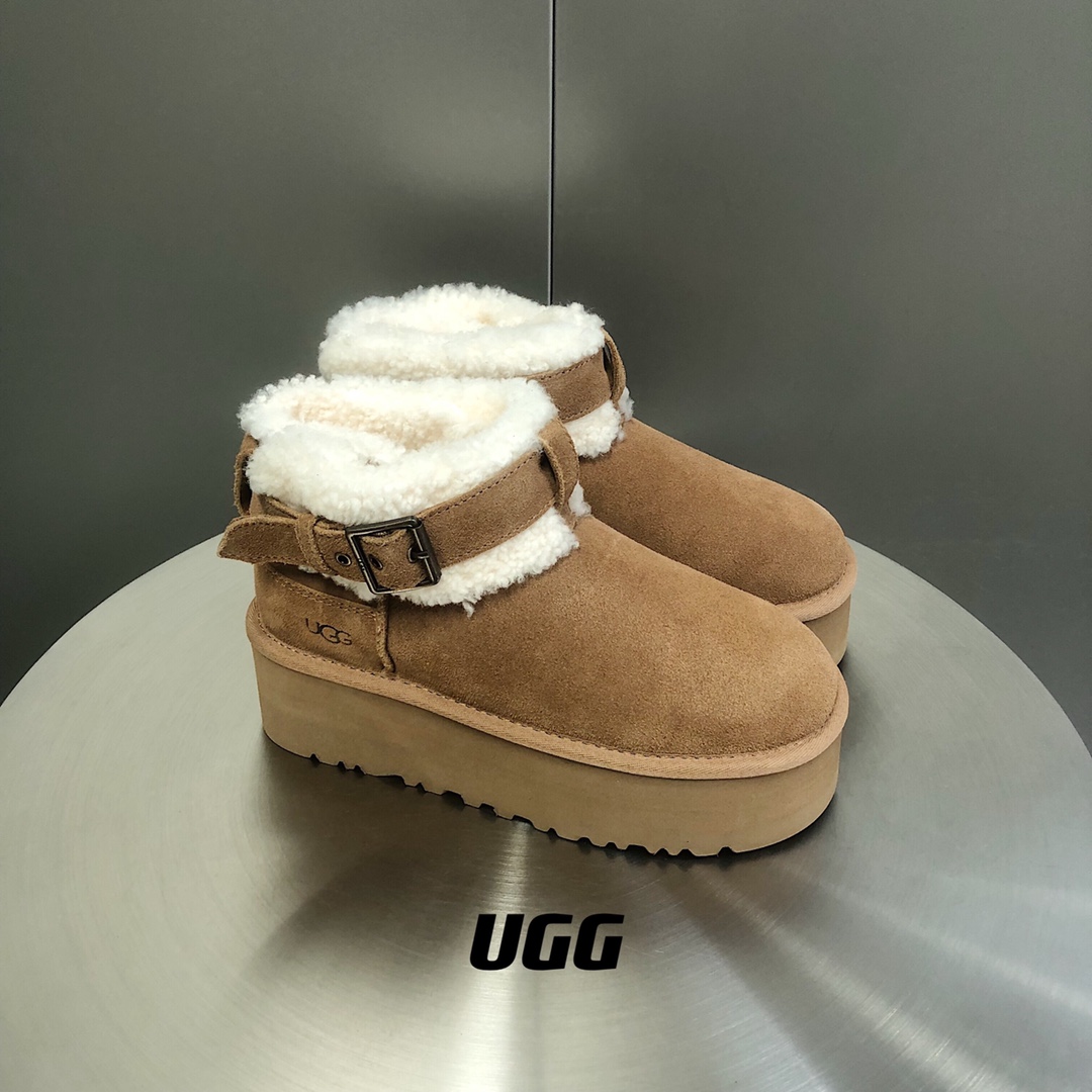 UGG毛茸束带短款厚底雪地靴A级羊皮毛一体SIZE35-40