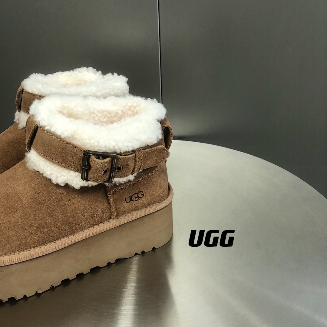 UGG毛茸束带短款厚底雪地靴A级羊皮毛一体SIZE35-40