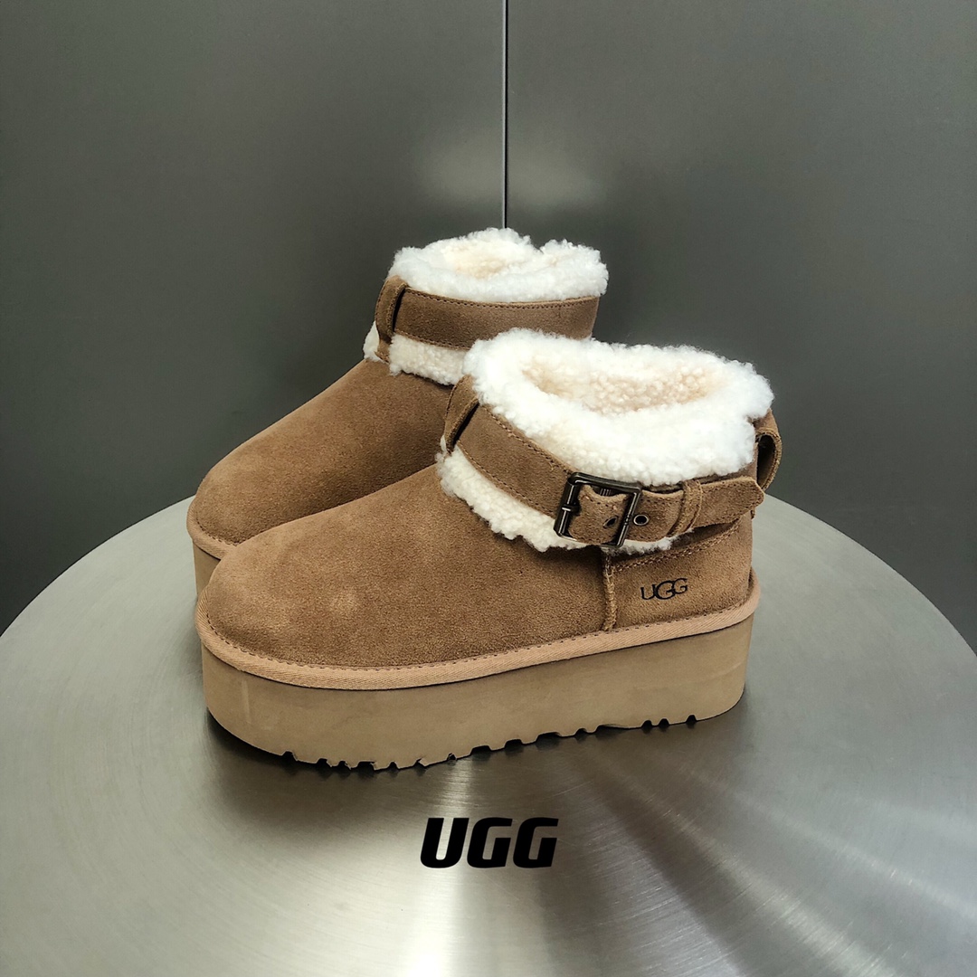 UGG毛茸束带短款厚底雪地靴A级羊皮毛一体SIZE35-40