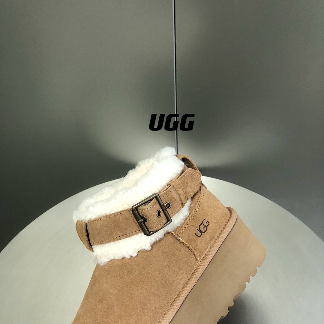 UGG毛茸束带短款厚底雪地靴A级羊皮毛一体SIZE35-40