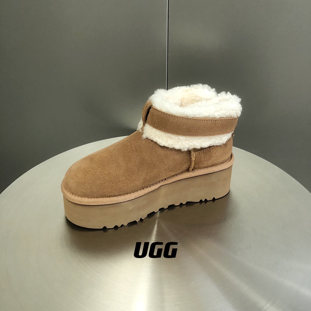 UGG毛茸束带短款厚底雪地靴A级羊皮毛一体SIZE35-40