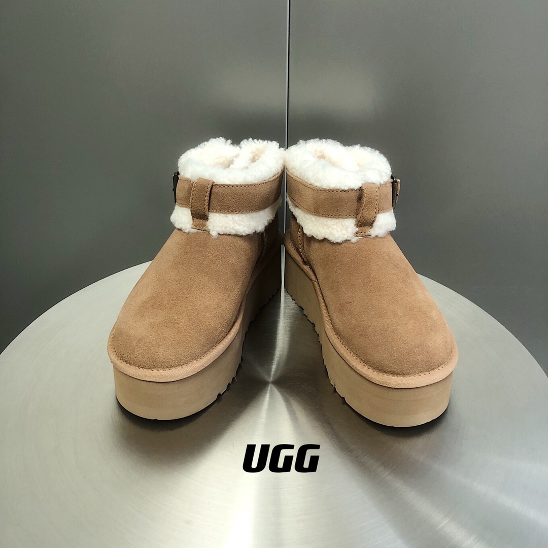 UGG毛茸束带短款厚底雪地靴A级羊皮毛一体SIZE35-40