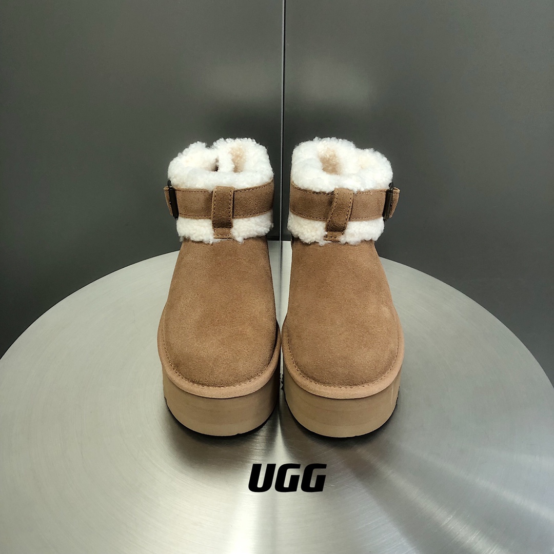 UGG毛茸束带短款厚底雪地靴A级羊皮毛一体SIZE35-40