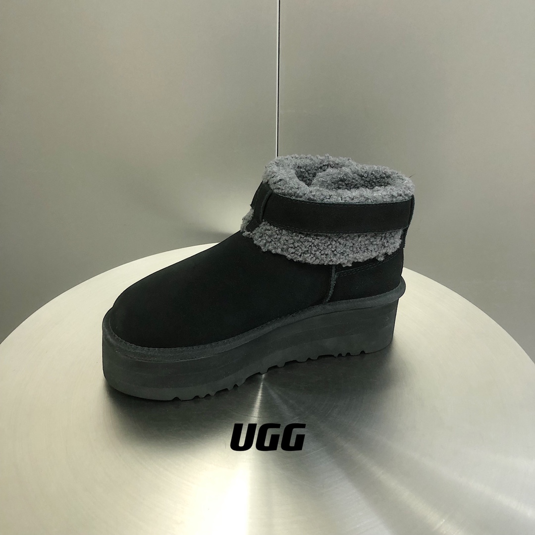 UGG毛茸束带短款厚底雪地靴A级羊皮毛一体SIZE35-40