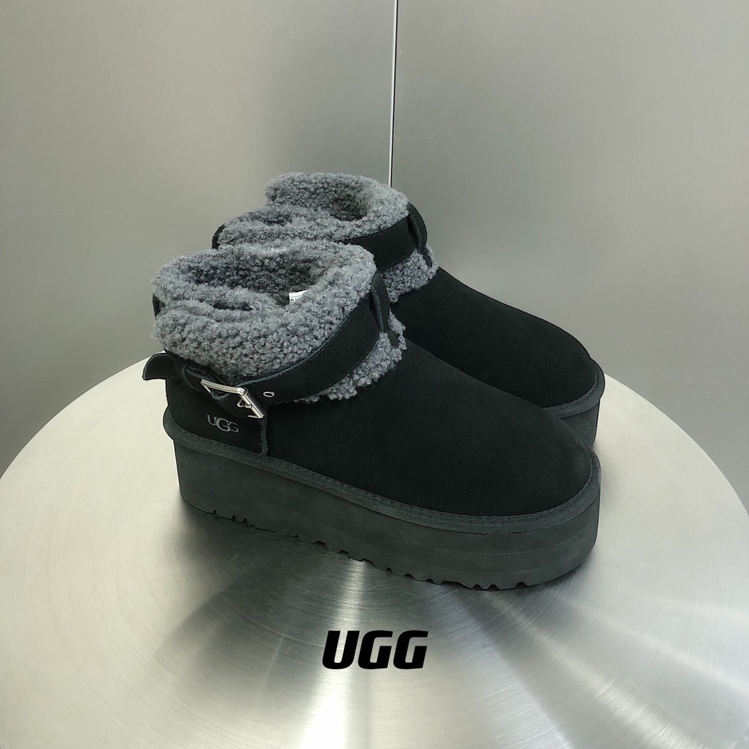 UGG毛茸束带短款厚底雪地靴A级羊皮毛一体SIZE35-40