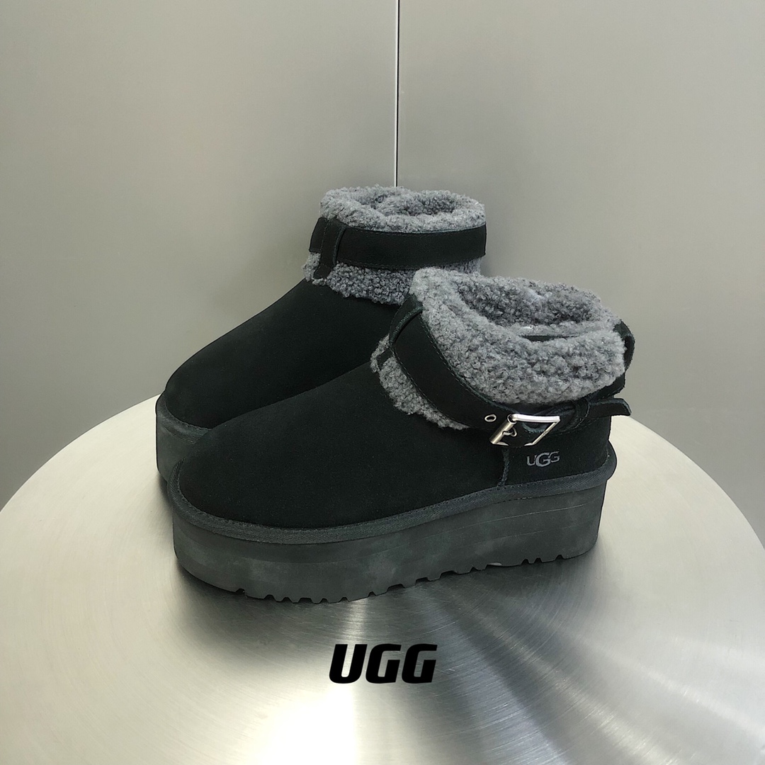 UGG毛茸束带短款厚底雪地靴A级羊皮毛一体SIZE35-40