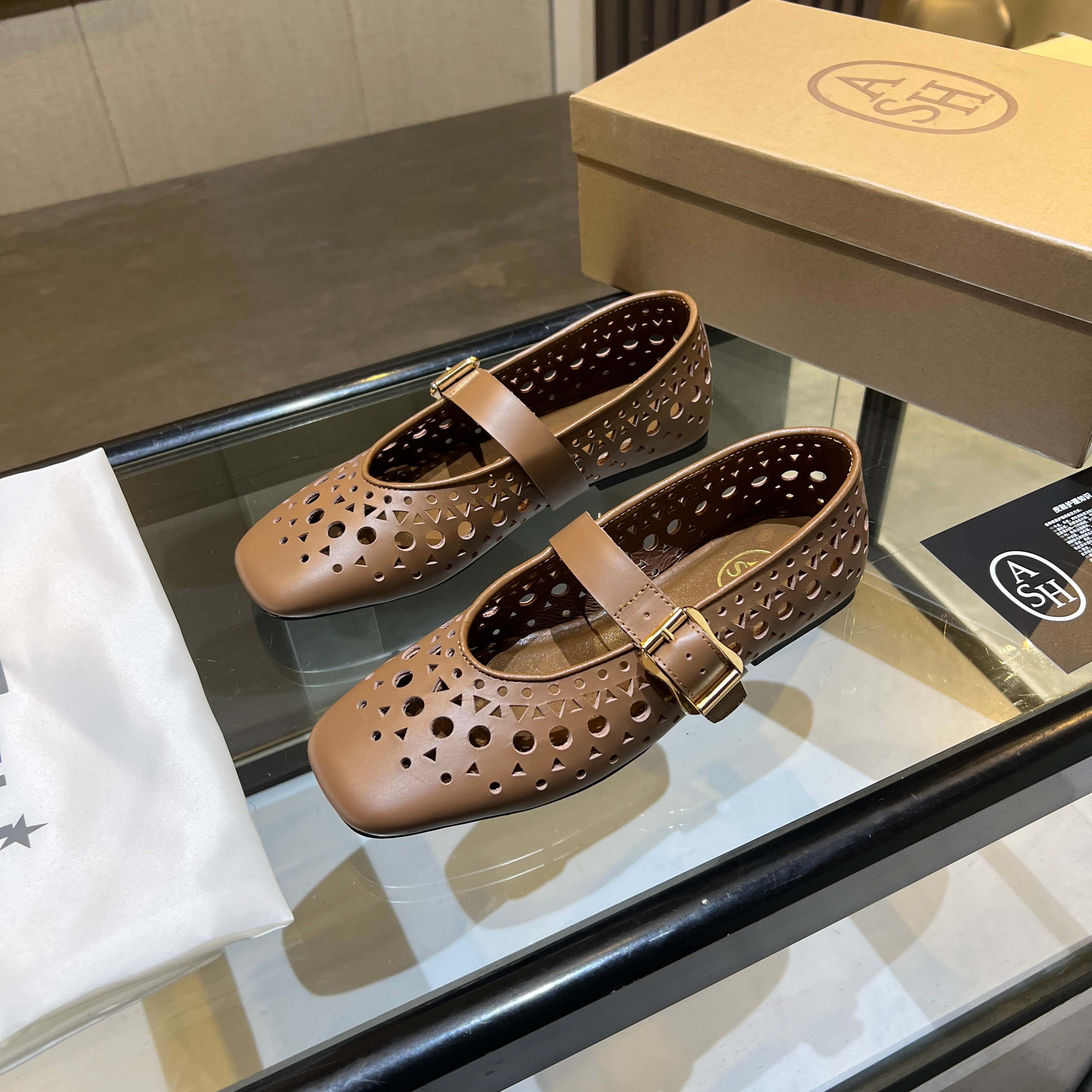 ASH Women's Brook Leather Laser-Cut Mary Jane Flats, Brown 13 a1745161318290 4002