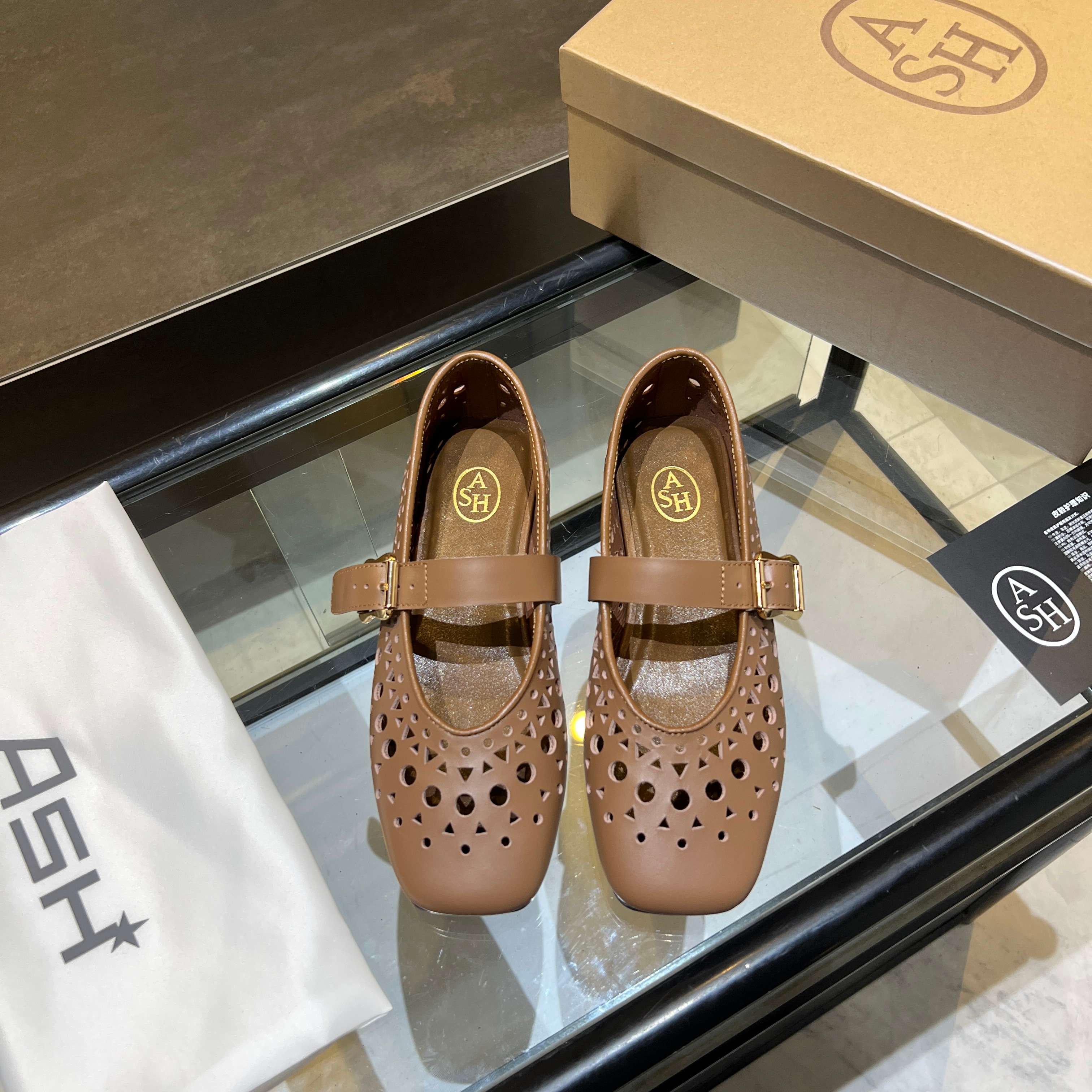 ASH Women's Brook Leather Laser-Cut Mary Jane Flats, Brown 14 a1745161318505 3125