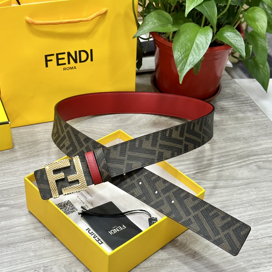 Original FENDI same as counter width 4.0CM double ring reversible belt FF snap buckle red Cuoio Romano leather material…
