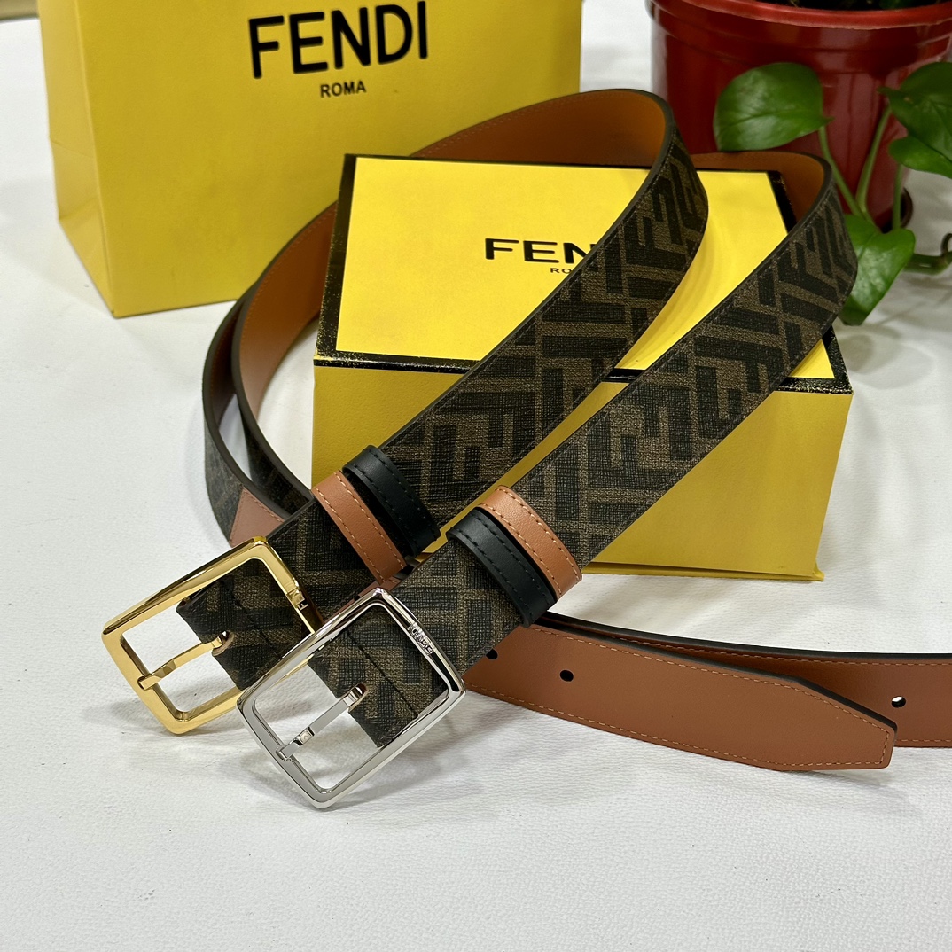 FENDI芬迪专柜同款宽35mm双环正反用腰带FF按钉搭扣棕色CuoioRomano皮革材质反面面料带有