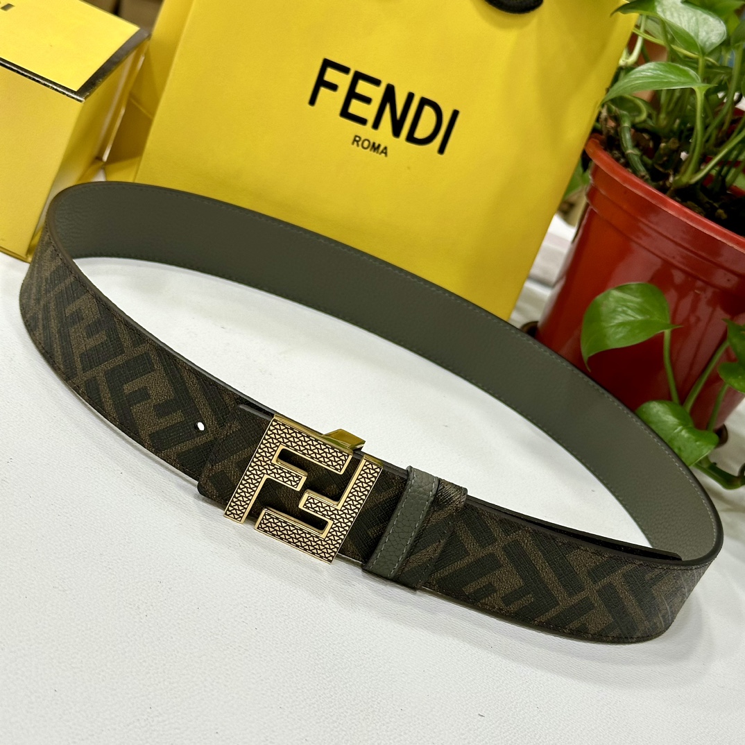 FENDI芬迪专柜同款宽4.0CM双环正反用腰带FF按钉搭扣灰色CuoioRomano皮革材质反面面料带