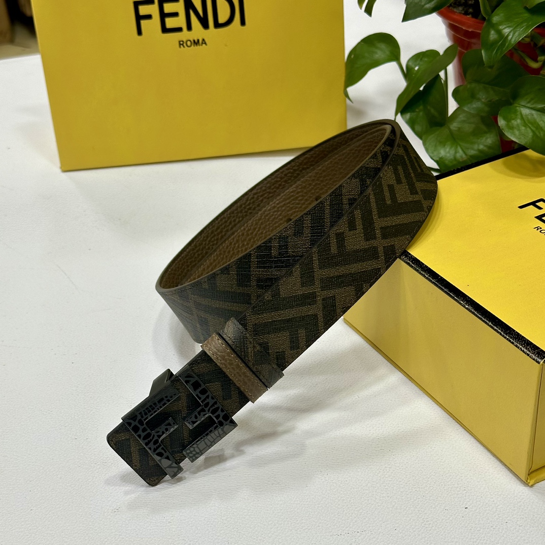 FENDI芬迪全套包装专柜同款宽4.0CM双环正反用腰带FF按钉搭扣棕色CuoioRomano皮革材质反