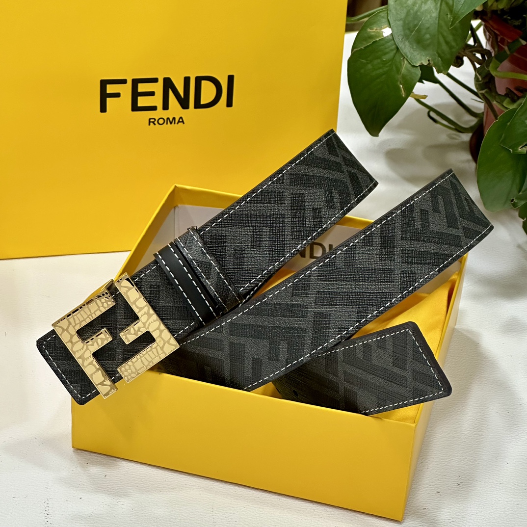 FENDI芬迪专柜同款宽4.0CM双环正反用腰带FF按钉搭扣黑色CuoioRomano皮革材质反面面料带