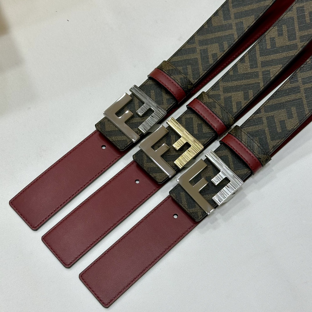 FENDI芬迪专柜同款宽4.0CM双环正反用腰带FF按钉搭扣酒红色CuoioRomano皮革材质反面面料