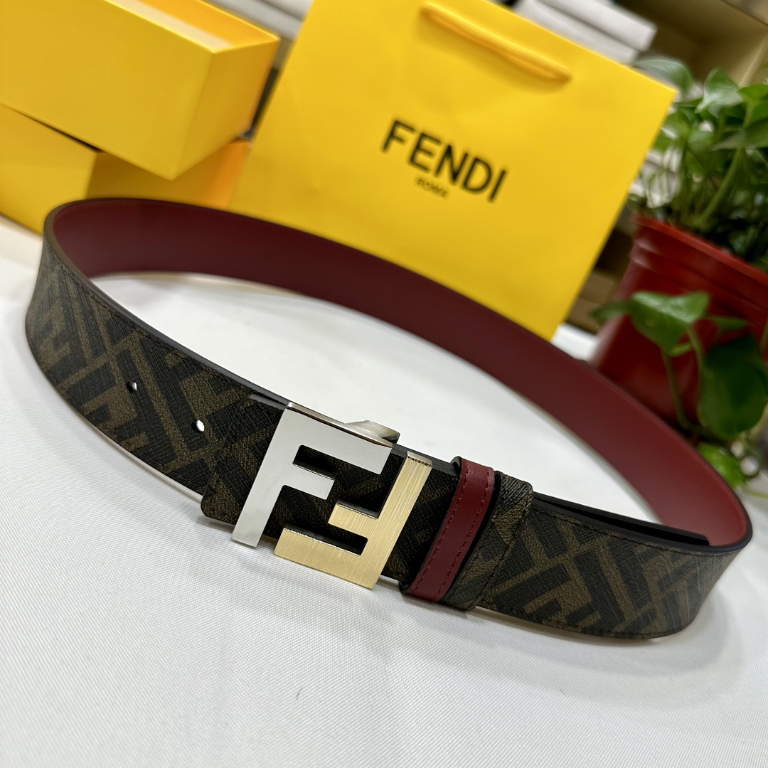 FENDI芬迪专柜同款宽4.0CM双环正反用腰带FF按钉搭扣酒红色CuoioRomano皮革材质反面面料