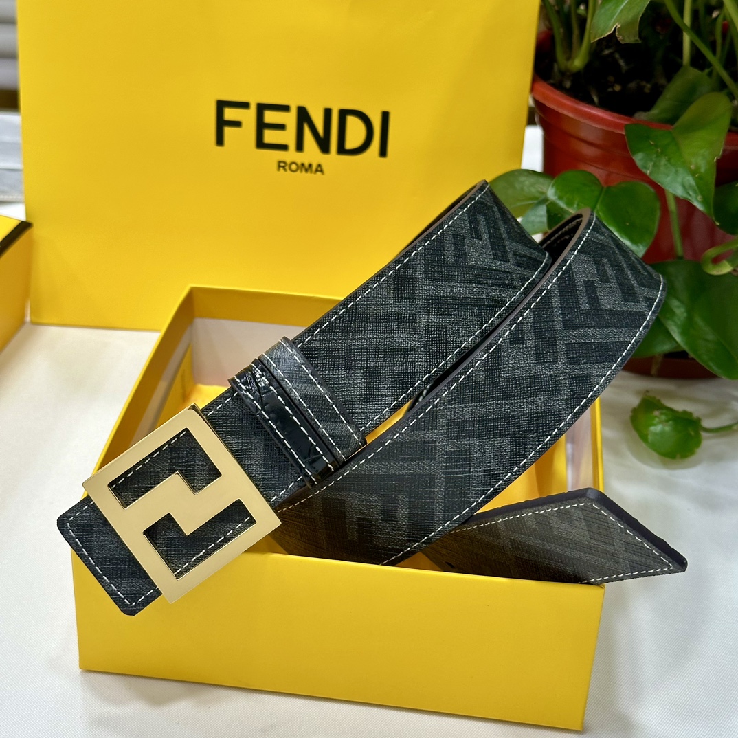 FENDI芬迪专柜同款宽4.0CM双环正反用腰带FF按钉搭扣黑色CuoioRomano皮革材质反面面料带