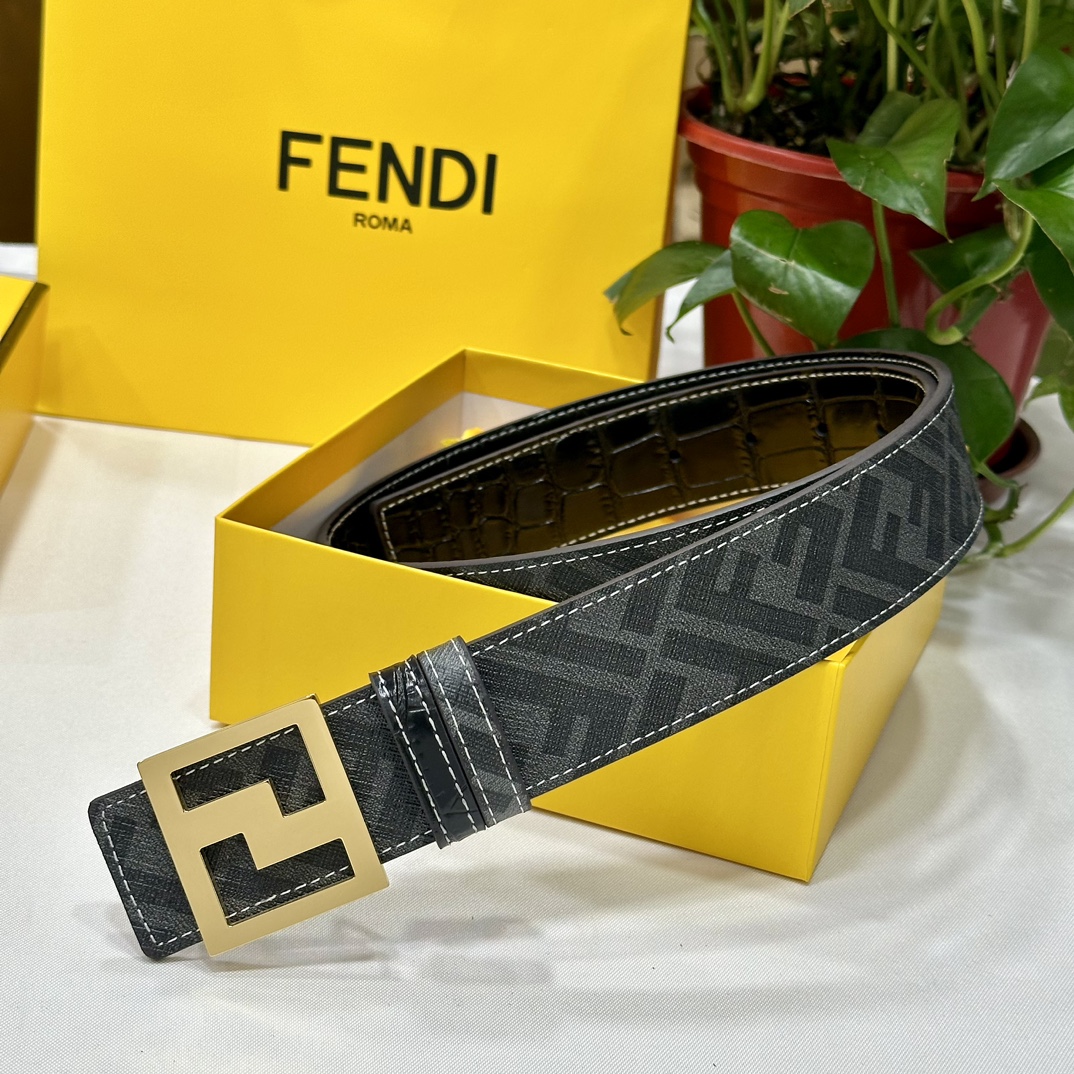 FENDI芬迪专柜同款宽4.0CM双环正反用腰带FF按钉搭扣黑色CuoioRomano皮革材质反面面料带