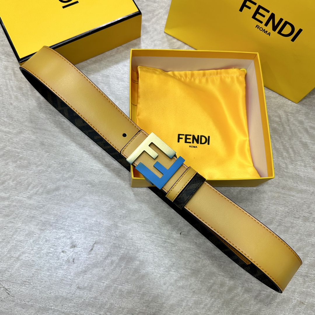 FENDI芬迪全套包装专柜同款宽4.0CM双环正反用腰带FF按钉搭扣双色CuoioRomano皮革材质反