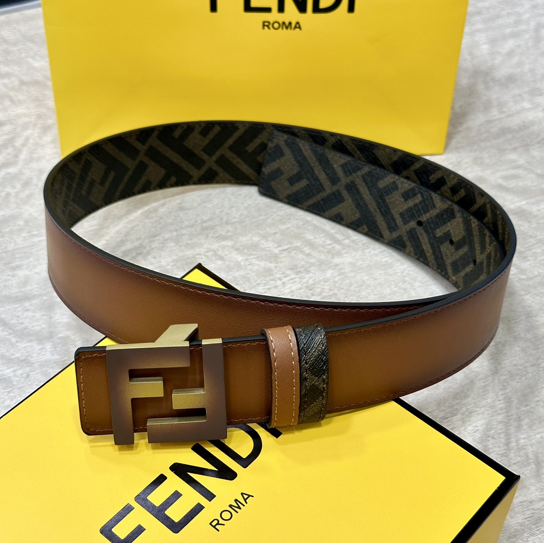 FENDI芬迪全套包装专柜同款宽4.0CM双环正反用腰带FF按钉搭扣双色CuoioRomano皮革材质反