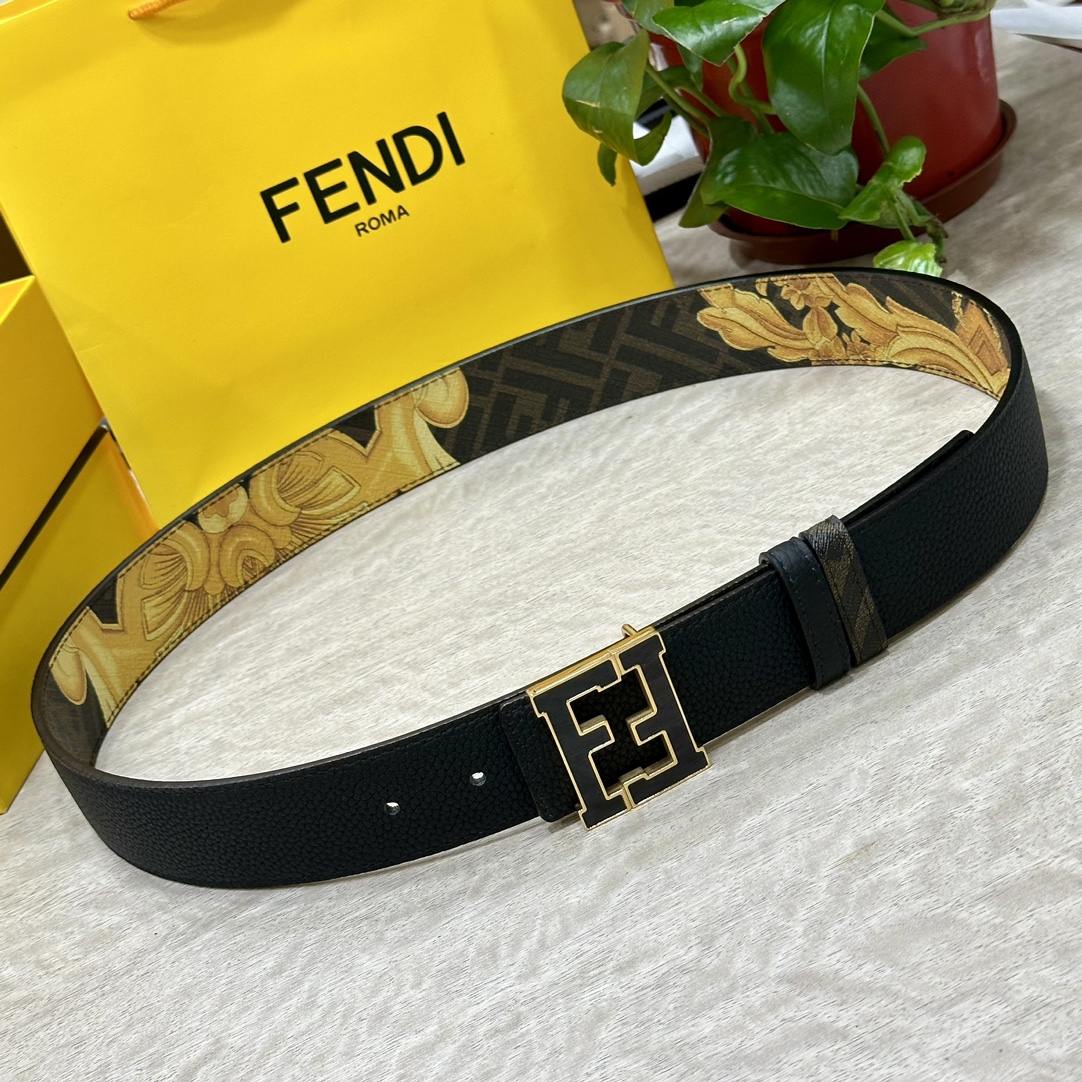 FENDI芬迪专柜同款宽4.0CM双环正反用腰带FF按钉搭扣黑色CuoioRomano皮革材质反面面料带