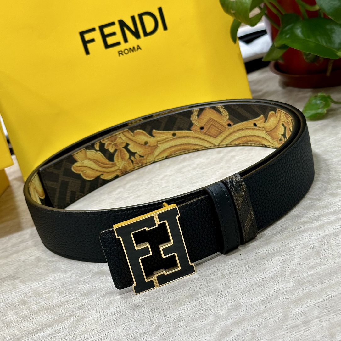 FENDI芬迪专柜同款宽4.0CM双环正反用腰带FF按钉搭扣黑色CuoioRomano皮革材质反面面料带