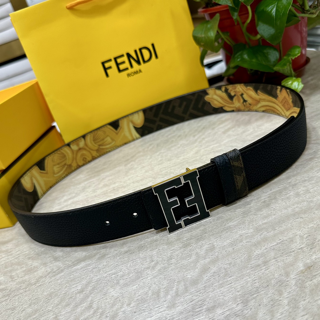 FENDI芬迪专柜同款宽4.0CM双环正反用腰带FF按钉搭扣黑色CuoioRomano皮革材质反面面料带