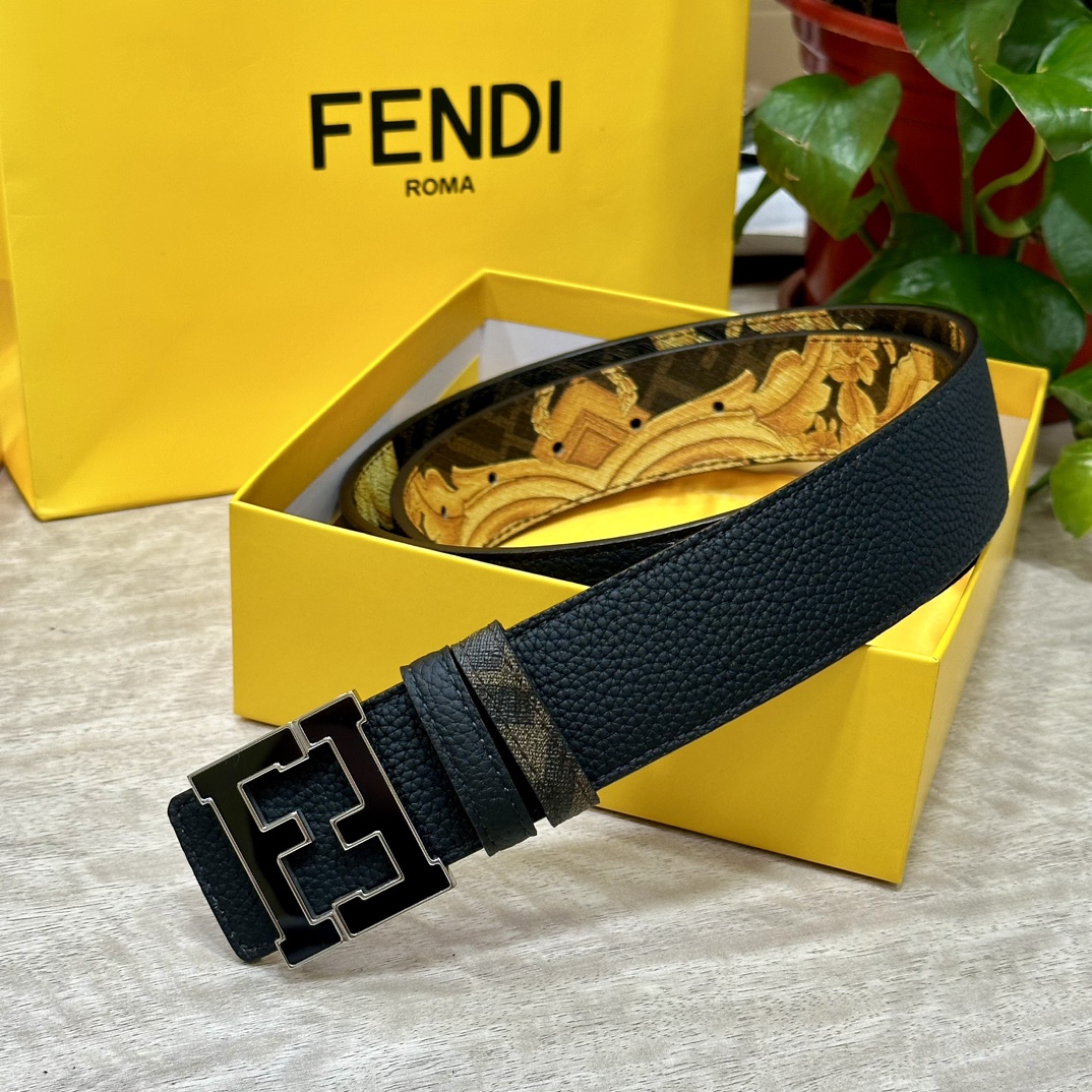 FENDI芬迪专柜同款宽4.0CM双环正反用腰带FF按钉搭扣黑色CuoioRomano皮革材质反面面料带