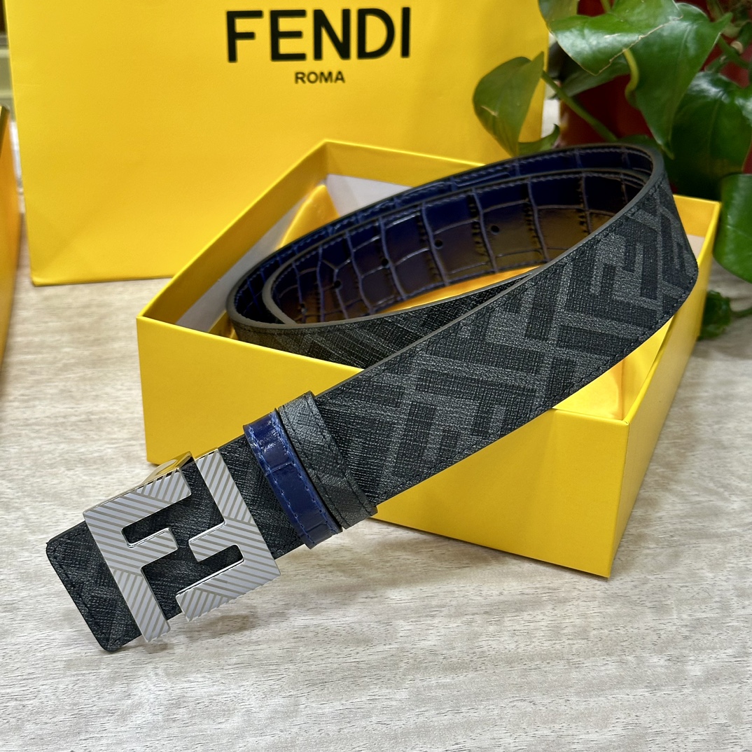 FENDI芬迪专柜同款宽4.0CM双环正反用腰带FF按钉搭扣兰色CuoioRomano皮革材质反面面料带