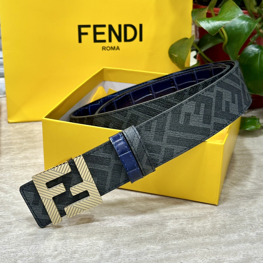 FENDI芬迪专柜同款宽4.0CM双环正反用腰带FF按钉搭扣兰色CuoioRomano皮革材质反面面料带