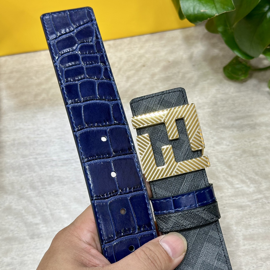 FENDI芬迪专柜同款宽4.0CM双环正反用腰带FF按钉搭扣兰色CuoioRomano皮革材质反面面料带