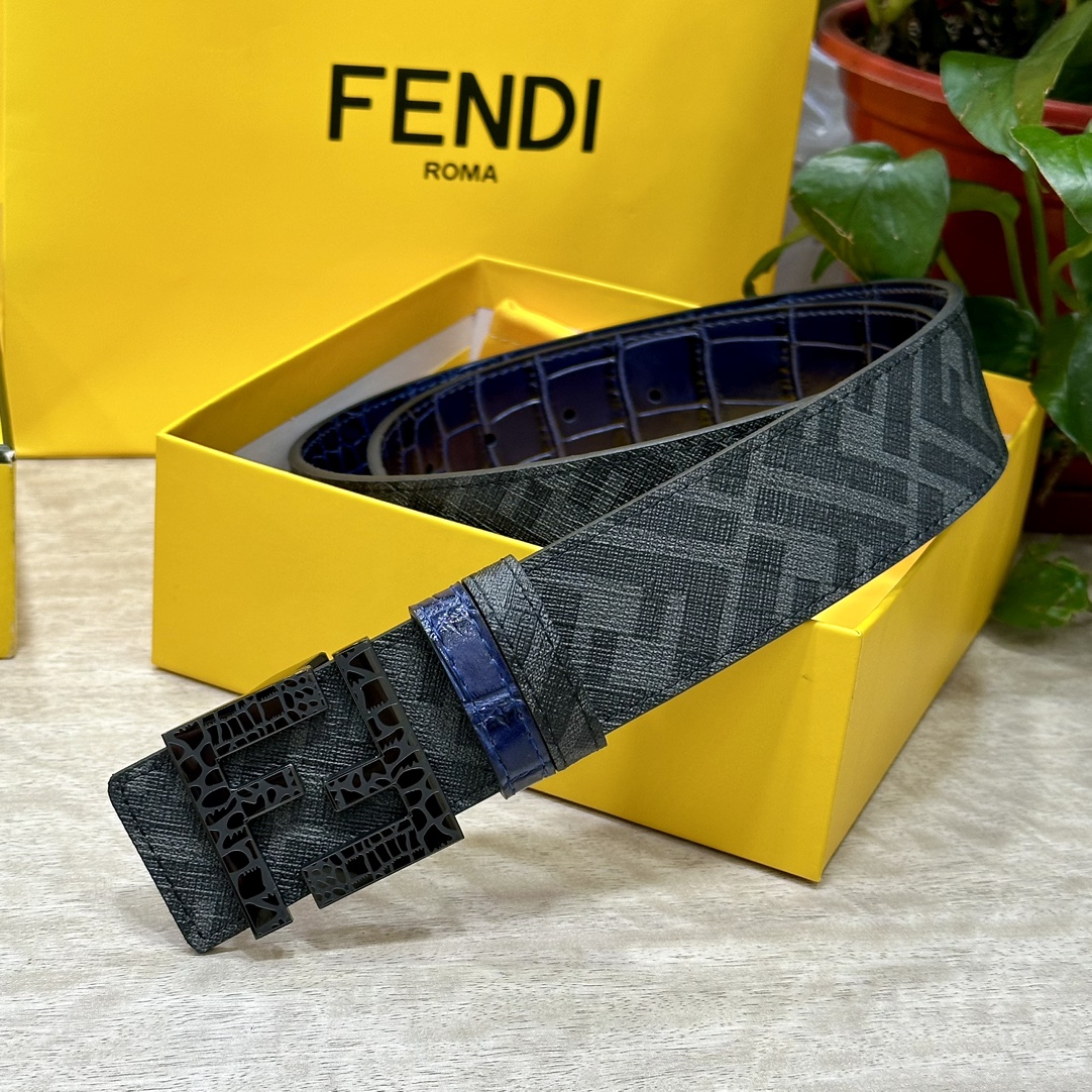 FENDI芬迪专柜同款宽4.0CM双环正反用腰带FF按钉搭扣兰色CuoioRomano皮革材质反面面料带