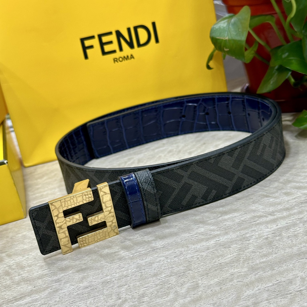 FENDI芬迪专柜同款宽4.0CM双环正反用腰带FF按钉搭扣兰色CuoioRomano皮革材质反面面料带