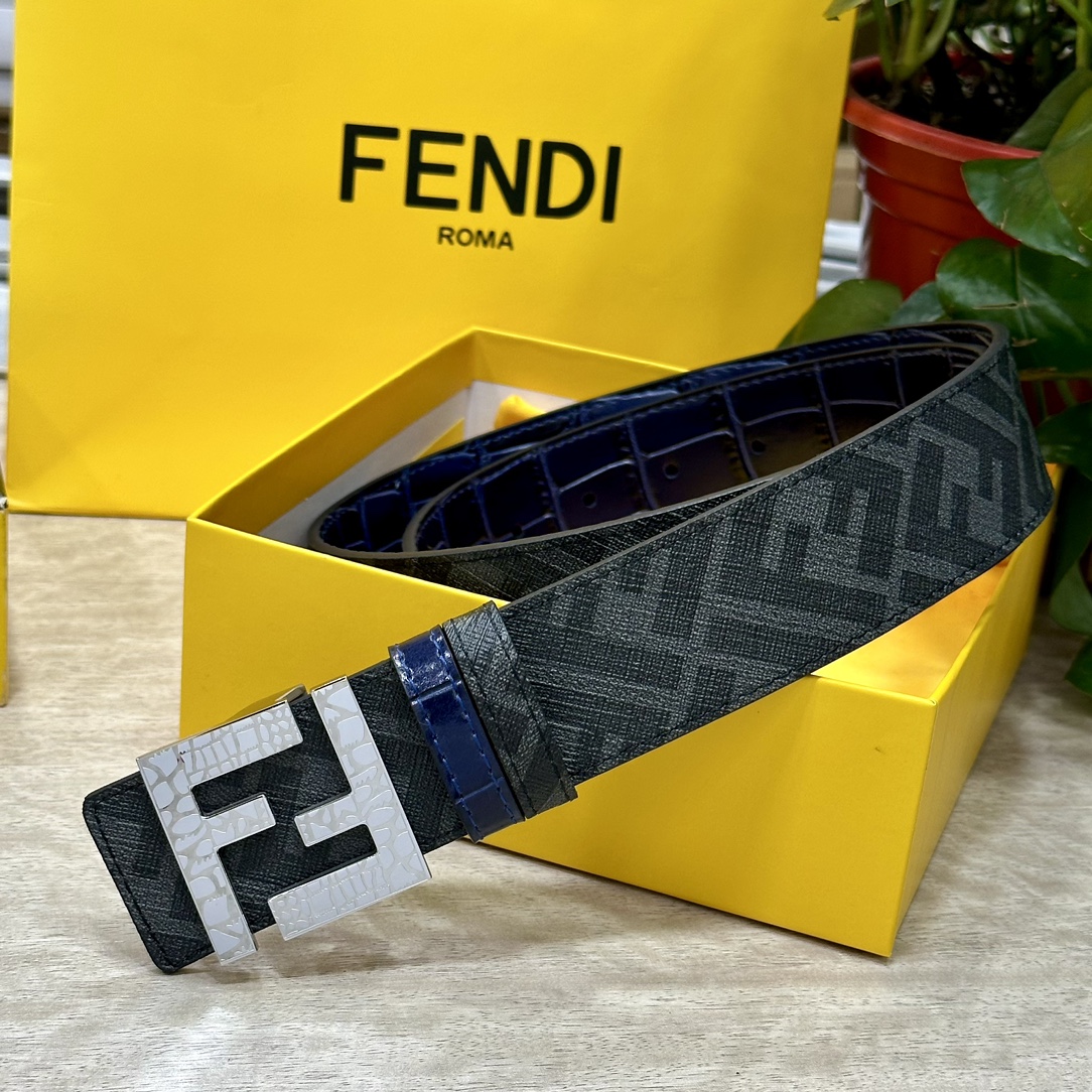 FENDI芬迪专柜同款宽4.0CM双环正反用腰带FF按钉搭扣兰色CuoioRomano皮革材质反面面料带