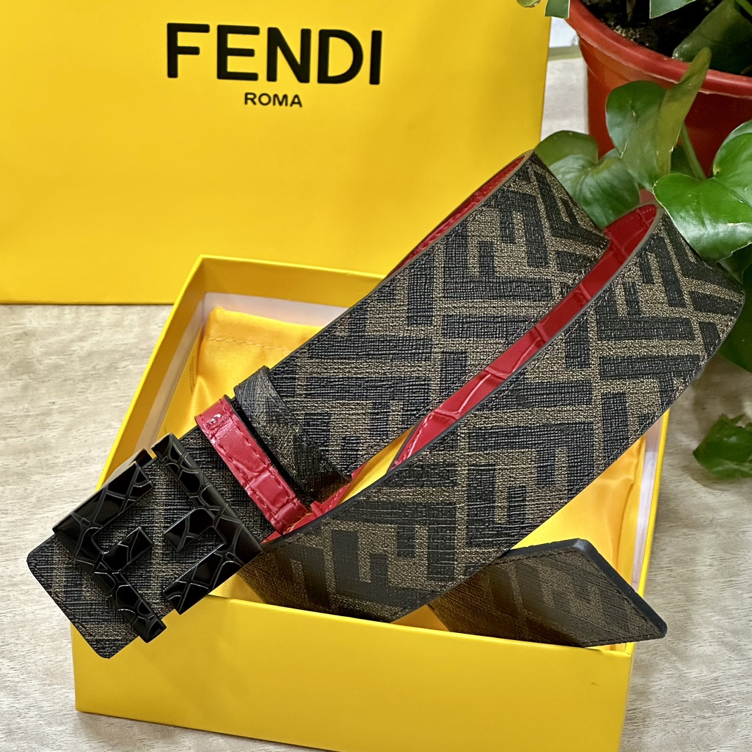 FENDI芬迪专柜同款宽4.0CM双环正反用腰带FF按钉搭扣红色CuoioRomano皮革材质反面面料带