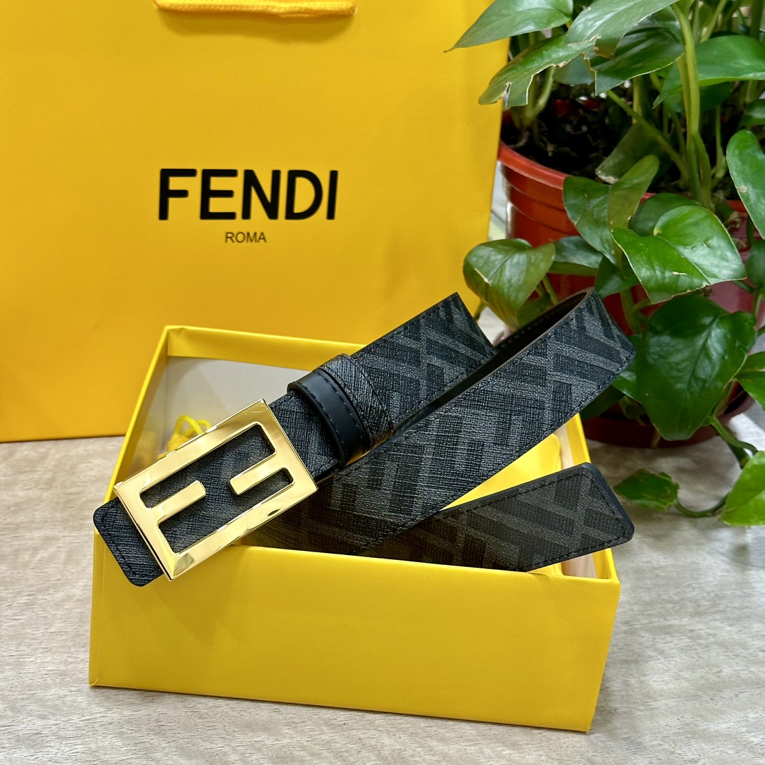 FENDI芬迪专柜同款宽3.0CM双环正反用腰带FF按钉搭扣黑色CuoioRomano皮革材质反面面料带