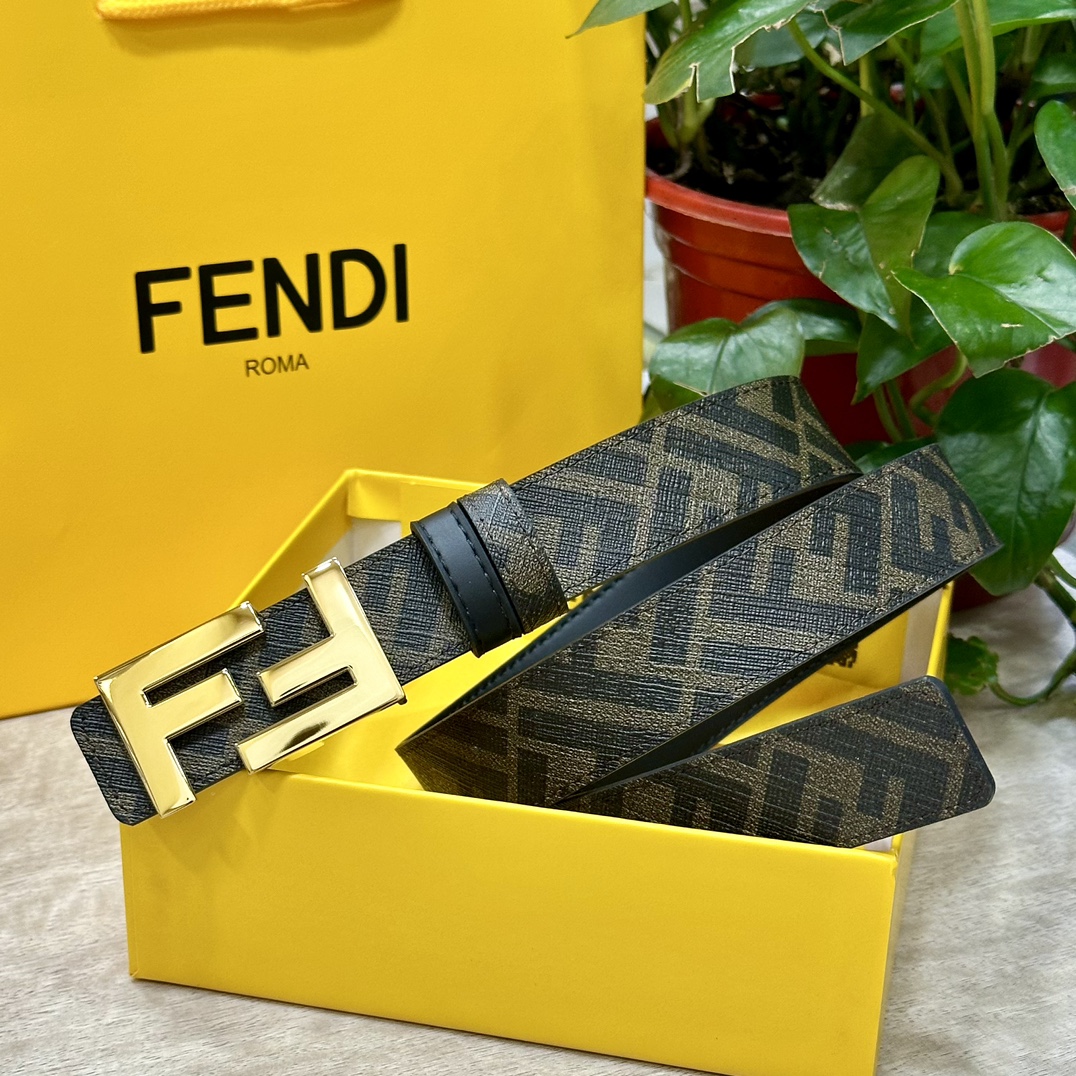 FENDI芬迪专柜同款宽3.0CM双环正反用腰带FF按钉搭扣黑色CuoioRomano皮革材质反面面料带