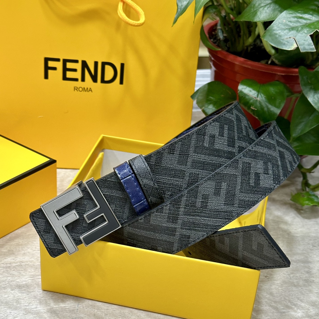 FENDI芬迪专柜同款宽4.0CM双环正反用腰带FF按钉搭扣兰色CuoioRomano皮革材质反面面料带