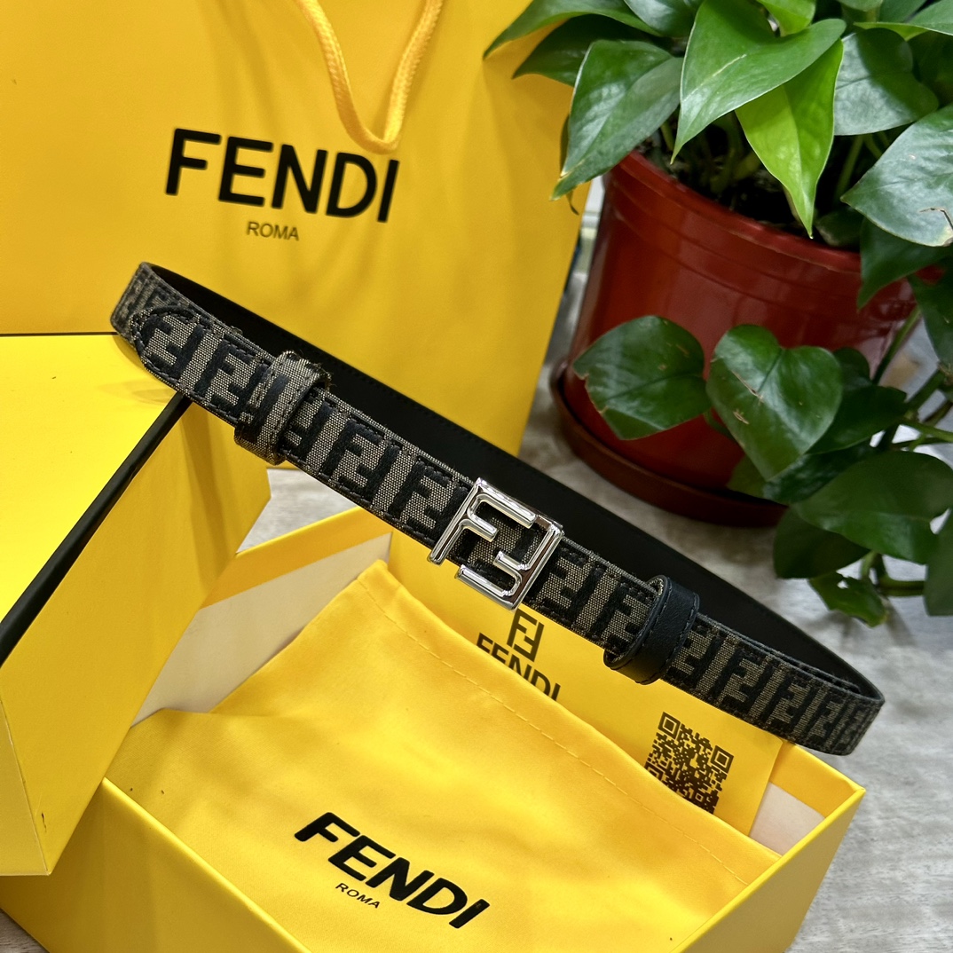 FENDl芬迪专柜同款宽20mm原版定制布料单环皮带钢扣FF图案布料材质棕色皮革内衬单钉镀钯金属配件时尚