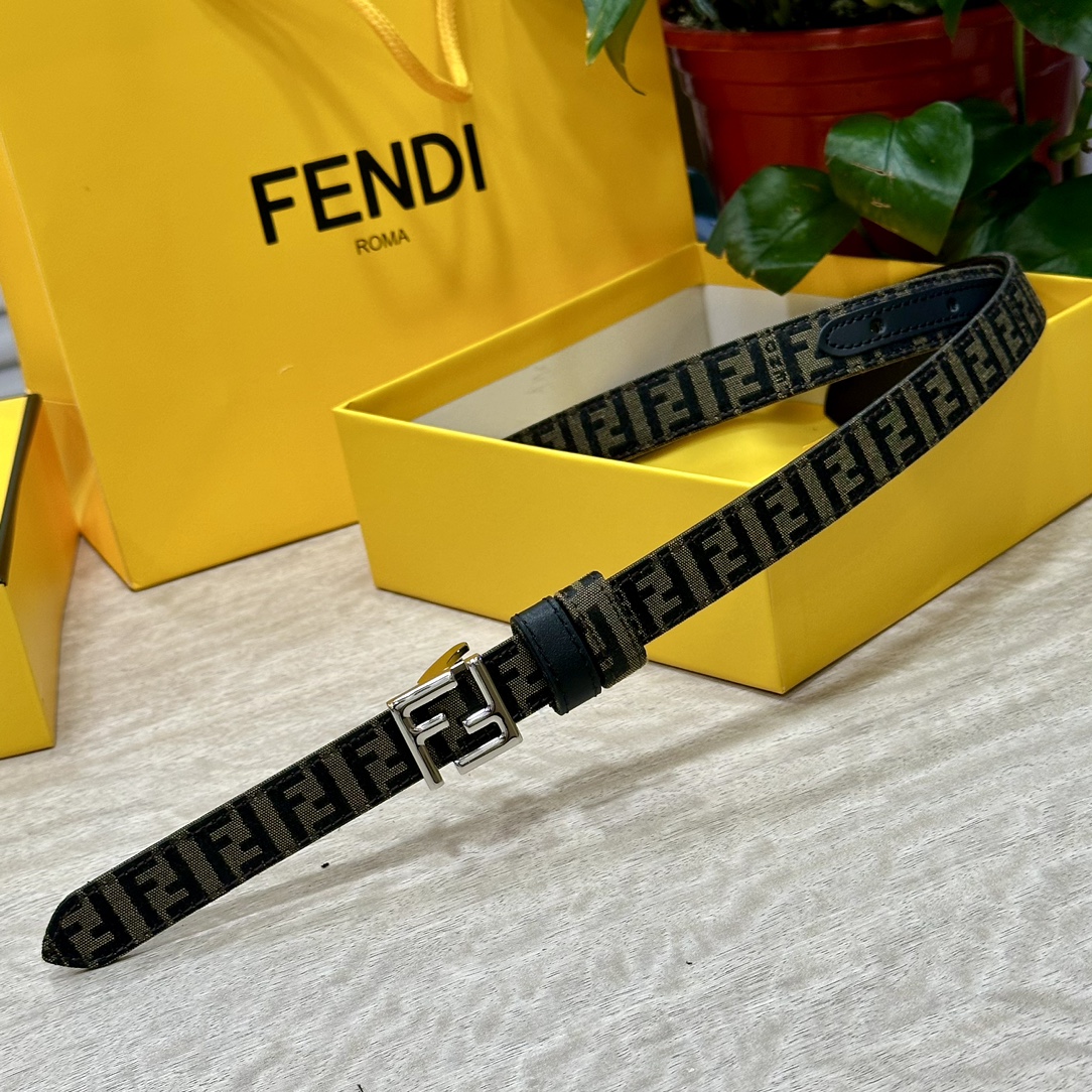 FENDl芬迪专柜同款宽20mm原版定制布料单环皮带钢扣FF图案布料材质棕色皮革内衬单钉镀钯金属配件时尚