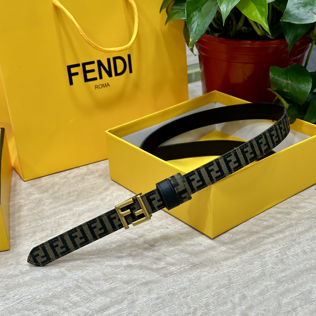 FENDl芬迪专柜同款宽20mm原版定制布料单环皮带钢扣FF图案布料材质棕色皮革内衬单钉镀钯金属配件时尚