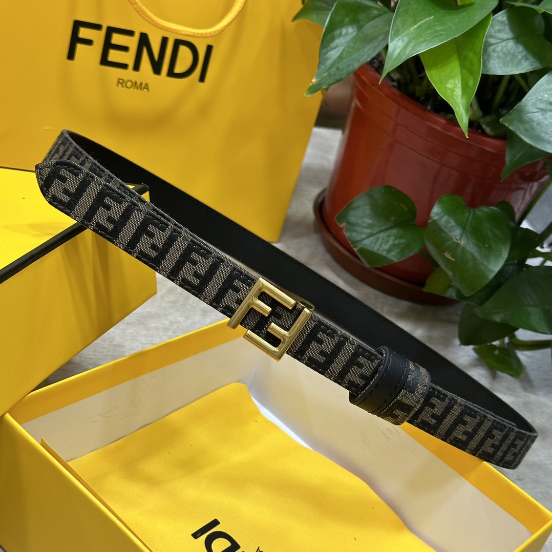 FENDl芬迪专柜同款宽20mm原版定制布料单环皮带钢扣FF图案布料材质棕色皮革内衬单钉镀钯金属配件时尚