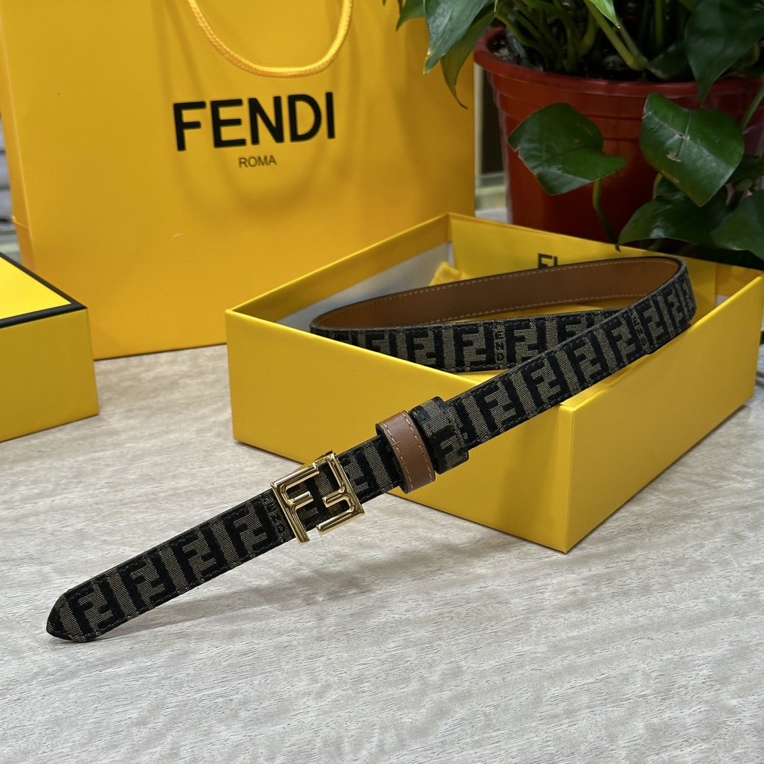 FENDl芬迪专柜同款宽20mm原版定制布料单环皮带钢扣FF图案布料材质棕色皮革内衬单钉镀钯金属配件时尚