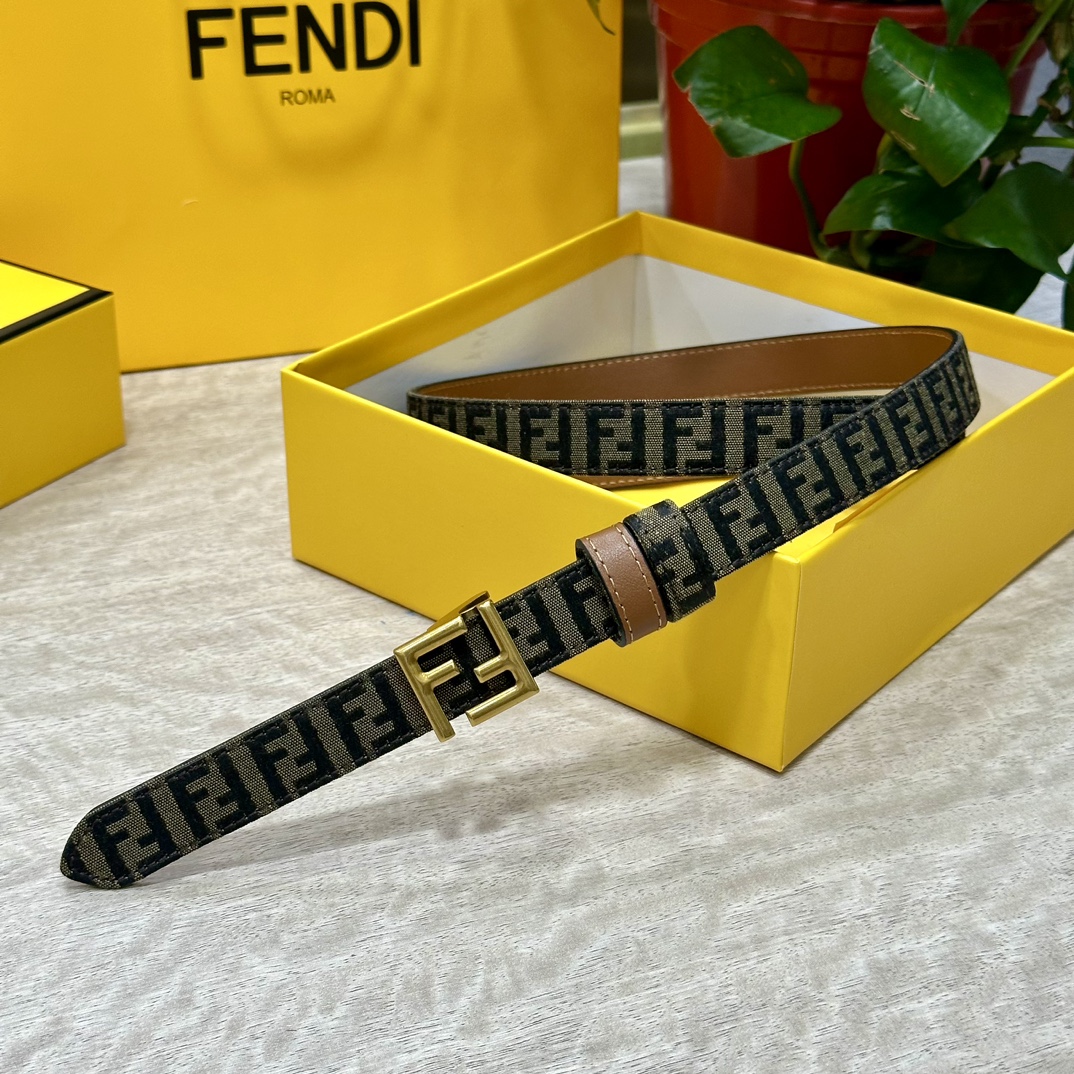 FENDl芬迪专柜同款宽20mm原版定制布料单环皮带钢扣FF图案布料材质棕色皮革内衬单钉镀钯金属配件时尚