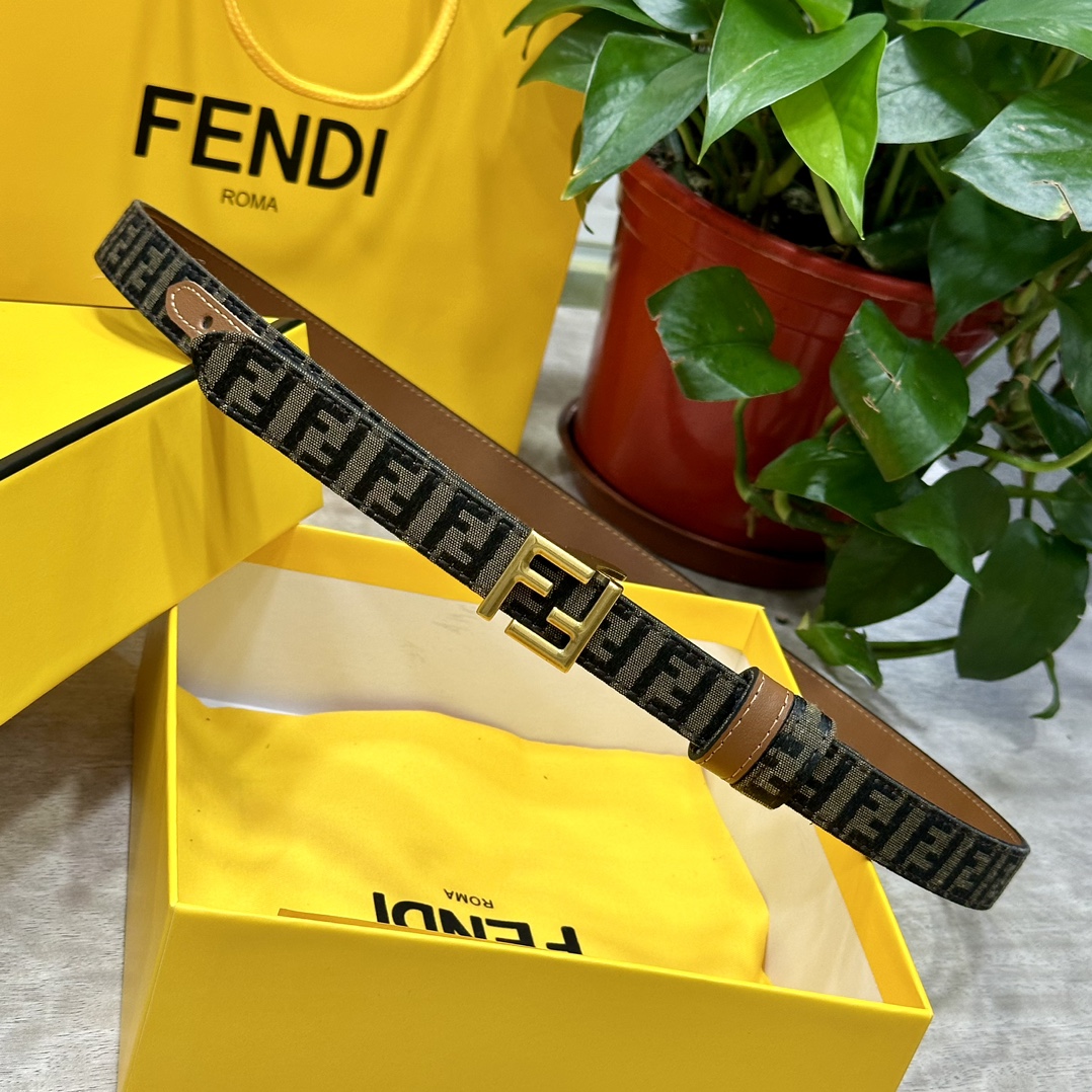 FENDl芬迪专柜同款宽20mm原版定制布料单环皮带钢扣FF图案布料材质棕色皮革内衬单钉镀钯金属配件时尚