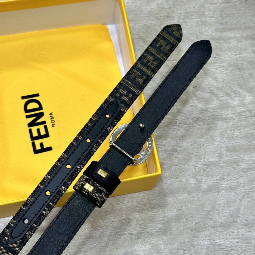 FENDl芬迪专柜同款宽20mm原版定制布料单环皮带钢扣FF图案布料材质棕色皮革内衬单钉镀钯金属配件时尚