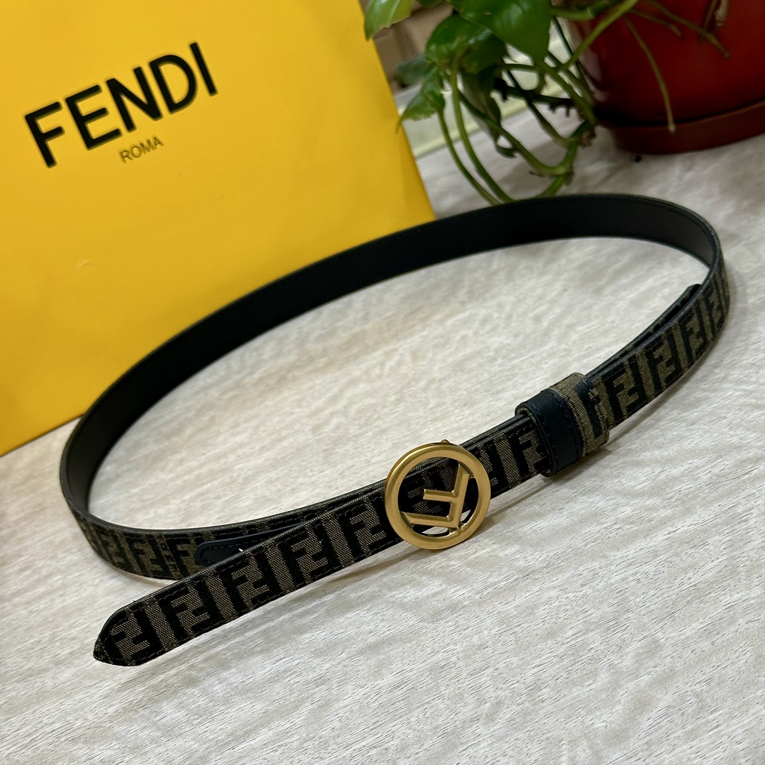 FENDl芬迪专柜同款宽20mm原版定制布料单环皮带钢扣FF图案布料材质棕色皮革内衬单钉镀钯金属配件时尚