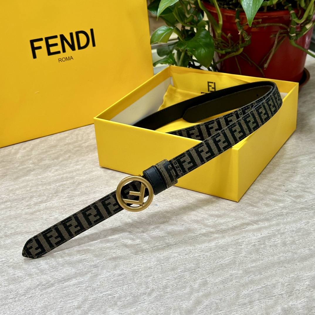 FENDl芬迪专柜同款宽20mm原版定制布料单环皮带钢扣FF图案布料材质棕色皮革内衬单钉镀钯金属配件时尚