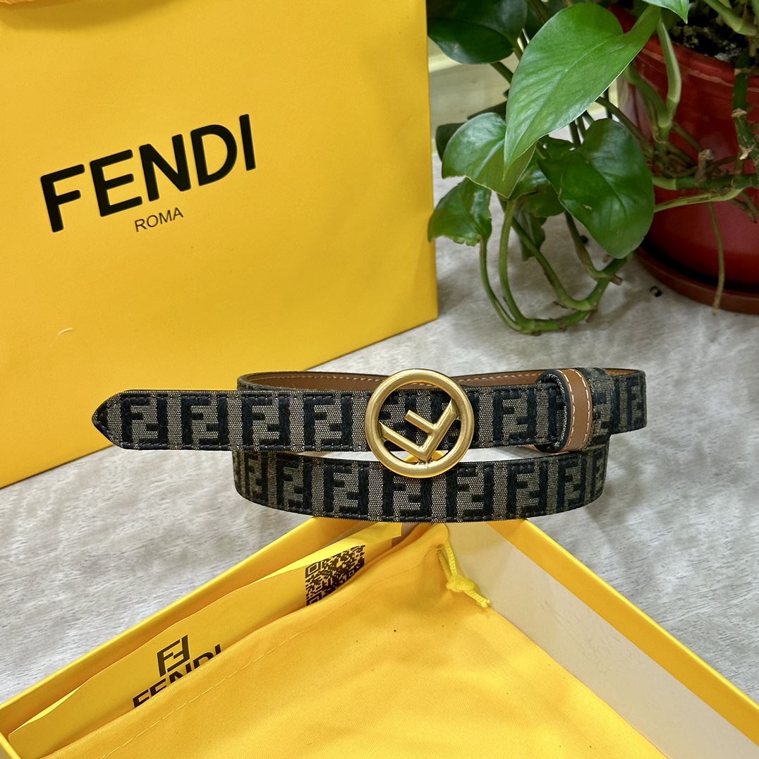 FENDl芬迪专柜同款宽20mm原版定制布料单环皮带钢扣FF图案布料材质棕色皮革内衬单钉镀钯金属配件时尚