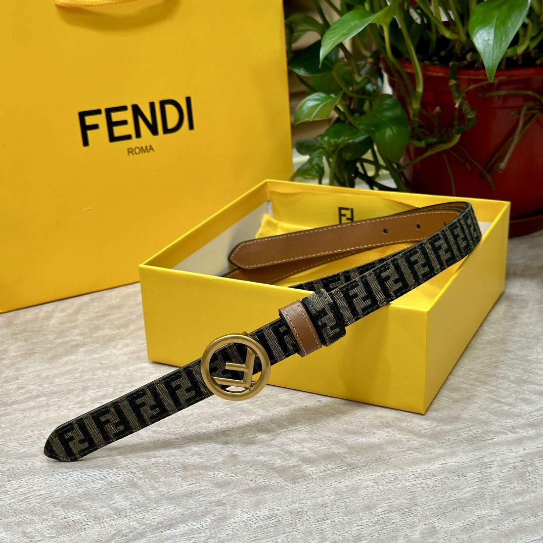 FENDl芬迪专柜同款宽20mm原版定制布料单环皮带钢扣FF图案布料材质棕色皮革内衬单钉镀钯金属配件时尚